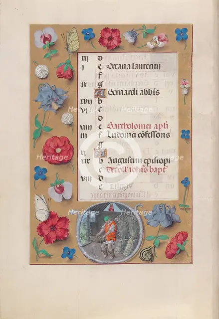 Hours of Queen Isabella the Catholic, Queen of Spain: Fol. 9v, August, c. 1500. Creator: Master of the First Prayerbook of Maximillian (Flemish, c. 1444-1519); Associates, and.