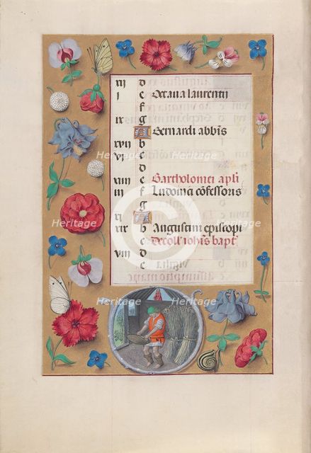 Hours of Queen Isabella the Catholic, Queen of Spain: Fol. 9v, August, c. 1500. Creator: Master of the First Prayerbook of Maximillian (Flemish, c. 1444-1519); Associates, and.