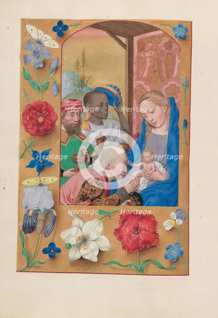 Hours of Queen Isabella the Catholic, Queen of Spain: Fol. 136v, Adoration of the Magi, c. 1500. Creator: Master of the First Prayerbook of Maximillian (Flemish, c. 1444-1519); Associates, and.