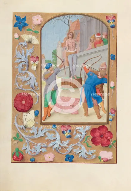Hours of Queen Isabella the Catholic, Queen of Spain: Fol. 177v, St. Sebastian, c. 1500. Creator: Master of the First Prayerbook of Maximillian (Flemish, c. 1444-1519); Associates, and.