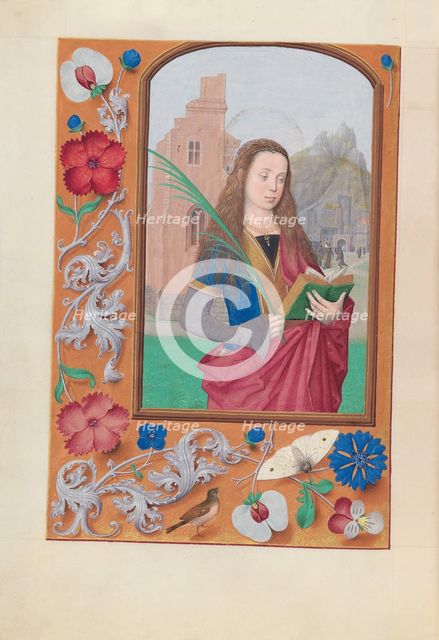 Hours of Queen Isabella the Catholic, Queen of Spain: Fol. 191v, St. Barbara, c. 1500. Creator: Master of the First Prayerbook of Maximillian (Flemish, c. 1444-1519); Associates, and.