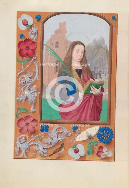 Hours of Queen Isabella the Catholic, Queen of Spain: Fol. 191v, St. Barbara, c. 1500. Creator: Master of the First Prayerbook of Maximillian (Flemish, c. 1444-1519); Associates, and.