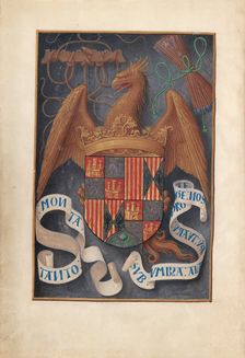 Hours of Queen Isabella the Catholic, Queen of Spain: Fol. 1v, Arms and Mottoes of Isabel..., c1500. Creator: Master of the First Prayerbook of Maximillian (Flemish, c. 1444-1519); Associates, and