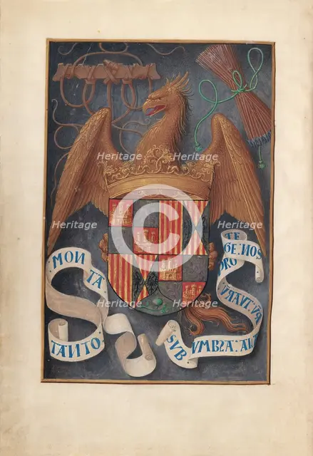 Hours of Queen Isabella the Catholic, Queen of Spain: Fol. 1v, Arms and Mottoes of Isabel..., c1500. Creator: Master of the First Prayerbook of Maximillian (Flemish, c. 1444-1519); Associates, and.
