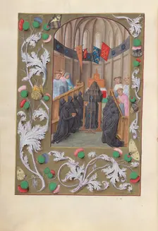 Hours of Queen Isabella the Catholic, Queen of Spain: Fol. 219v, Funeral Service, c. 1500. Creator: Master of the First Prayerbook of Maximillian (Flemish, c. 1444-1519); Associates, and