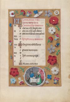 Hours of Queen Isabella the Catholic, Queen of Spain: Fol. 2r, January - Feast, c. 1500. Creator: Master of the First Prayerbook of Maximillian (Flemish, c. 1444-1519); Associates, and