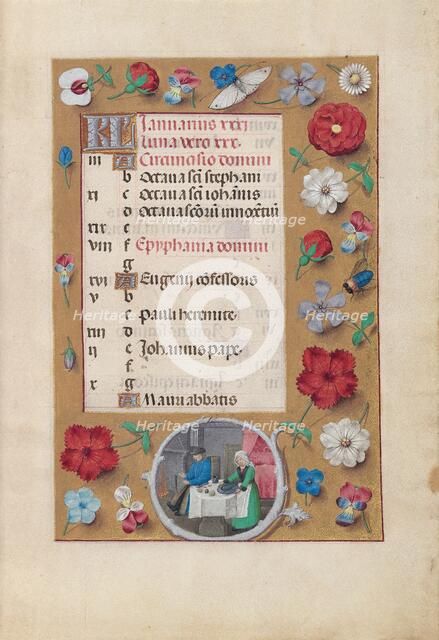 Hours of Queen Isabella the Catholic, Queen of Spain: Fol. 2r, January - Feast, c. 1500. Creator: Master of the First Prayerbook of Maximillian (Flemish, c. 1444-1519); Associates, and.