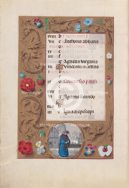 Hours of Queen Isabella the Catholic, Queen of Spain: Fol. 2v, January - Snow Landscape, c. 1500. Creator: Master of the First Prayerbook of Maximillian (Flemish, c. 1444-1519); Associates, and.