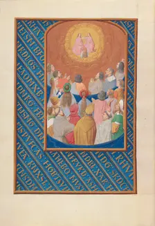 Hours of Queen Isabella the Catholic, Queen of Spain: Fol. 37v, Court of Heaven, c. 1500. Creator: Master of the First Prayerbook of Maximillian (Flemish, c. 1444-1519); Associates, and