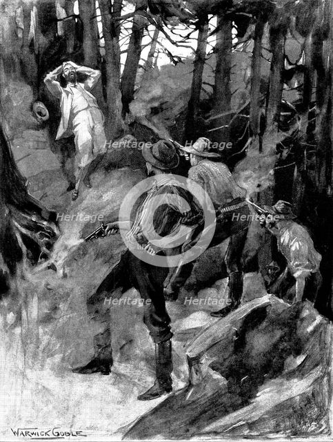 How Justice Works: Three revolvers cracked forth death. Each bullet came true to its mark, 1898. Creator: Unknown.