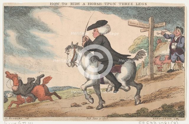 How to Ride a Horse Upon Three Legs, June 11, 1808., June 11, 1808. Creator: Thomas Rowlandson.