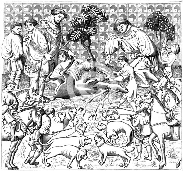 How to skin a stag, 15th century, (1849). Artist: Unknown