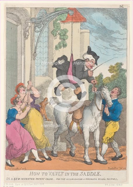 How to Vault in the Saddle or a New Invented Patent Crane for the Accomodatio..., December 30, 1813. Creator: Thomas Rowlandson.