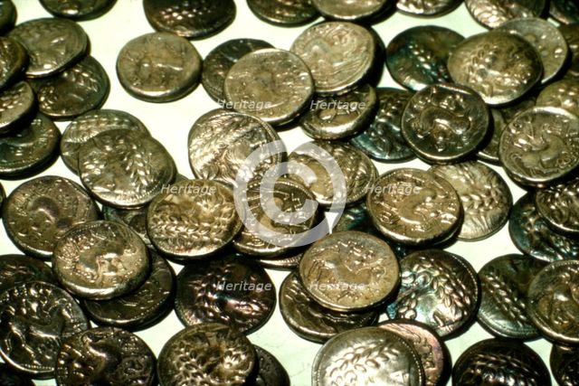 Hoard of Celtic Coins, (some copy Greek originals) found in Hungary, Silver, 1st Century BC.  Artist: Unknown.