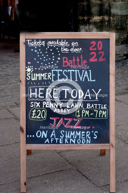Hoarding, Battle Jazz Weekend, Battle, East Sussex, 24 July 2022. Creator: Brian O'Connor.
