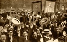 Hoch the Kaiser!': cheering crowds in the streets, Berlin, Germany, 4 August 1914, (1933). Creator: Unknown