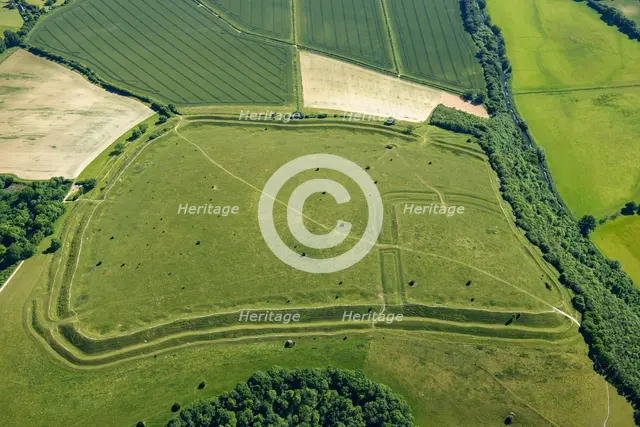 Hod Hill, an Iron Age multivallate hillfort earthwork, near Stourpaine, Dorset, 2022.  Creator: Damian Grady.