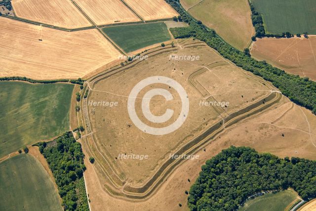Hod Hill, the earthwork remains of an Iron Age hillfort and a Roman fort, Dorset, 2022. Creator: Damian Grady.