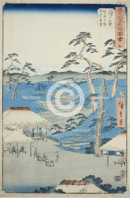 Hodogaya: Distant View of the Kamakura Mountains from the Rest House near the Boundary Tre..., 1855. Creator: Ando Hiroshige.
