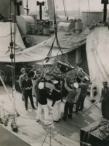Hoisting a case from the deck of H.M.S. Suffolk at Portsmouth, July 1935. Creator: Topical Press Agency