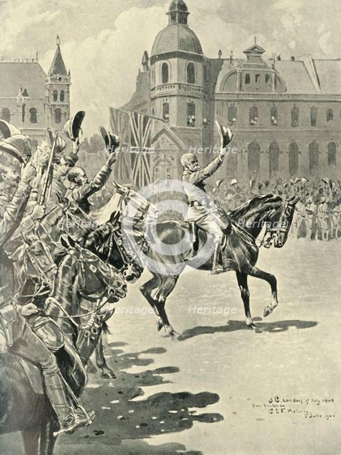 'Hoisting the British flag at Pretoria: Lord Roberts Leading Cheers for the Queen', 1900, (1901).  Creator: Unknown.