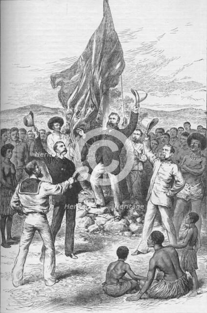 Hoisting the British flag in New Guinea, 1883 (1908). Artist: Unknown.
