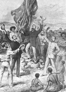 Hoisting the British Flag in New Guinea, 1883: Mr Chester...Calling for Three Cheers (1901). Creator: Unknown