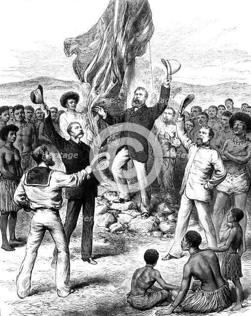 Hoisting the British Flag in New Guinea: Mr. H. M. Chester...calling for cheers, 1883. Creator: Unknown.