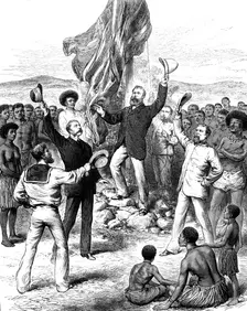 Hoisting the British Flag in New Guinea: Mr. H. M. Chester...calling for cheers, 1883. Creator: Unknown