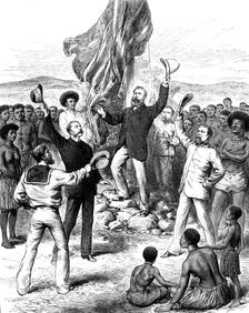 Hoisting the British Flag in New Guinea: Mr. H. M. Chester...calling for cheers, 1883. Creator: Unknown