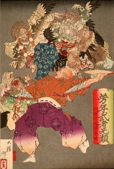 Hojo Takatoki, Lord of Sagami, Warding Off Tengu with His Fan, 1883. Creator: Tsukioka Yoshitoshi