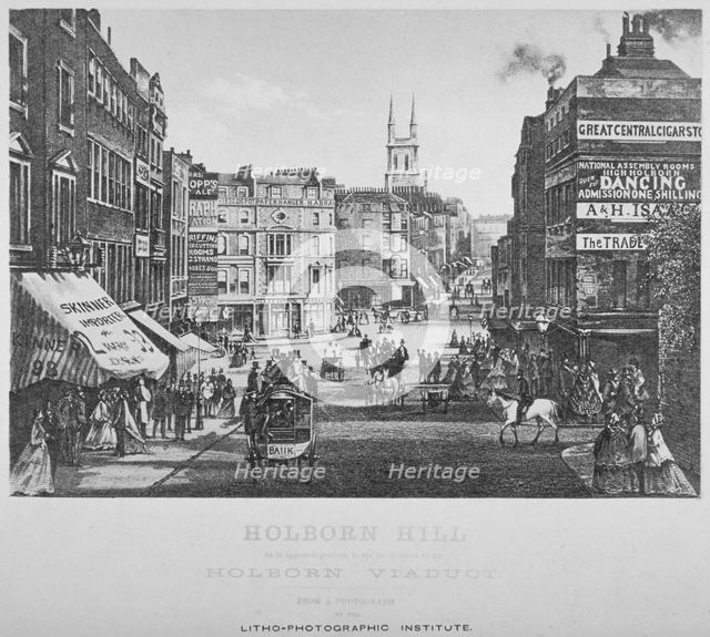 Holborn Hill and Skinner Street before Holborn Viaduct was built, City of London, 1864. Artist: Litho-Photographic Institute