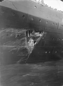 Hole torn in the hull of RMS Olympic after the collision with HMS Hawke in the Solent, 1911. Creator: Kirk & Sons of Cowes