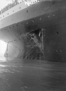 Hole torn in the hull of RMS Olympic after the collision with HMS Hawke in the Solent, 1911. Creator: Kirk & Sons of Cowes