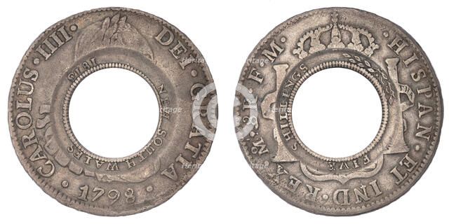Holey Dollar, New South Wales, minted 1813, from Spanish silver dollar from 1798, 1813. Creator: Numismatic, West European Coins  .