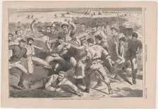 Holiday in Camp - Soldiers Playing "Foot-Ball" - Sketched by Winslow Homer (Harper's ..., July 1865. Creator: Unknown