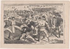 Holiday in Camp - Soldiers Playing "Foot-Ball" - Sketched by Winslow Homer (Harper's ..., July 1865. Creator: Unknown