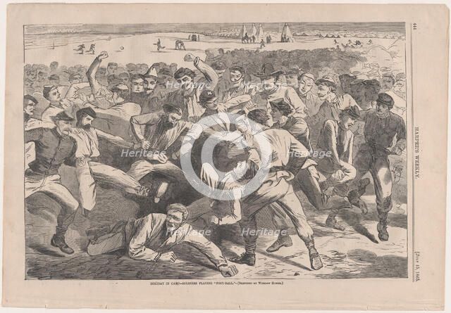 Holiday in Camp - Soldiers Playing "Foot-Ball" - Sketched by Winslow Homer (Harper's ..., July 1865. Creator: Unknown.