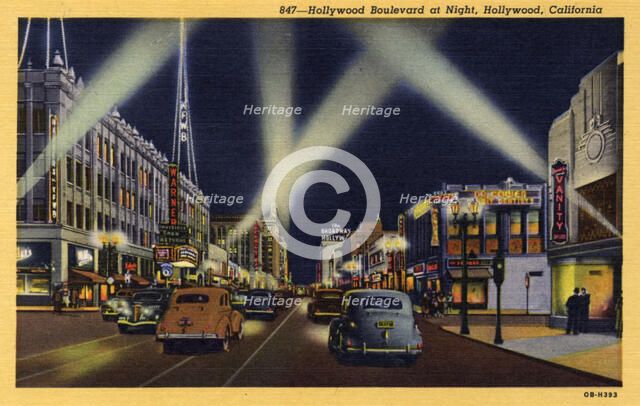 Hollywood Boulevard at night, Hollywood, Los Angeles, California, USA, 1940. Artist: Unknown