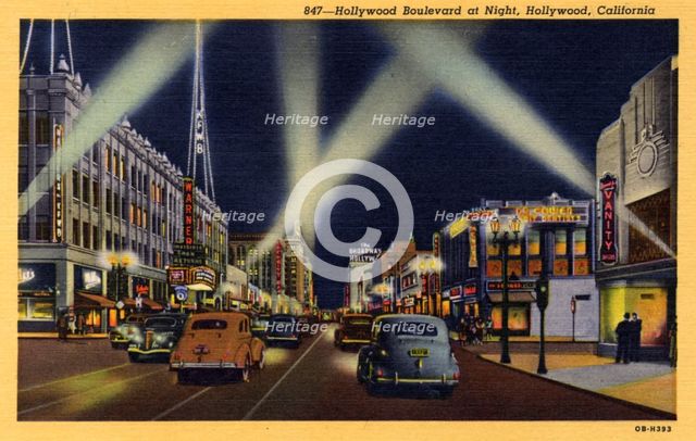 Hollywood Boulevard at night, Hollywood, Los Angeles, California, USA, 1940. Artist: Unknown
