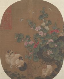 Hollyhocks and Cats. Creator: Unknown