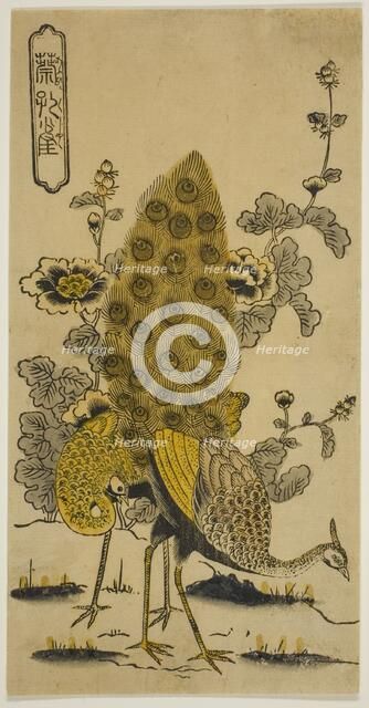 Hollyhocks and Peacocks (Aoi ni kujaku), early 1730s. Creator: Nishimura Shigenobu.