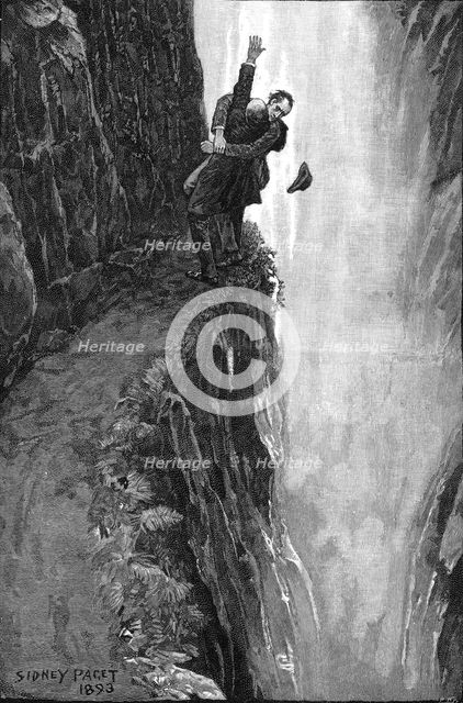 Holmes and Moriarty fighting over the Reichenbach Falls. Illustration for the short story The Final Problem by Arthur Conan Do, 1896. Artist: Paget, Sidney Edward (1860-1908)