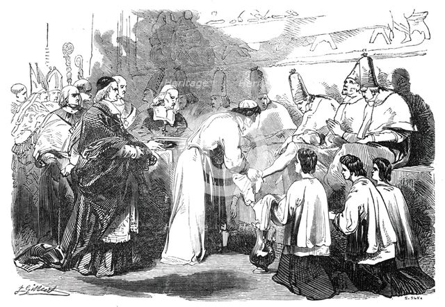 Holy Thursday - the Pope washing the feet of poor priests, 1844. Creator: Unknown.