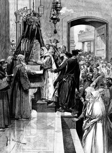 Holy Thursday at the Holy Sepulchre: kissing the column at which Christ was flagellated, 1895. Creator: P Naumann