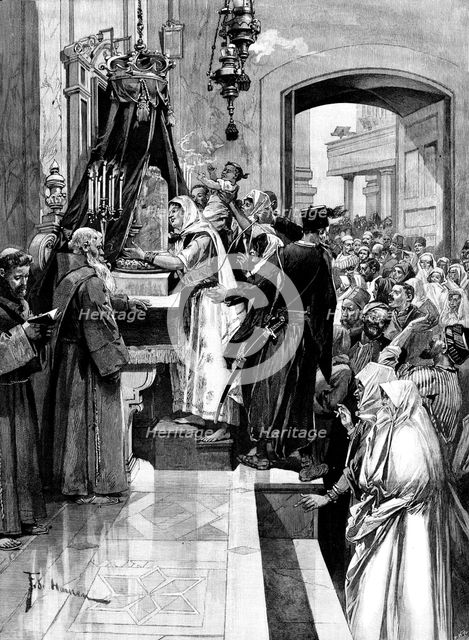Holy Thursday at the Holy Sepulchre: kissing the column at which Christ was flagellated, 1895. Creator: P Naumann.