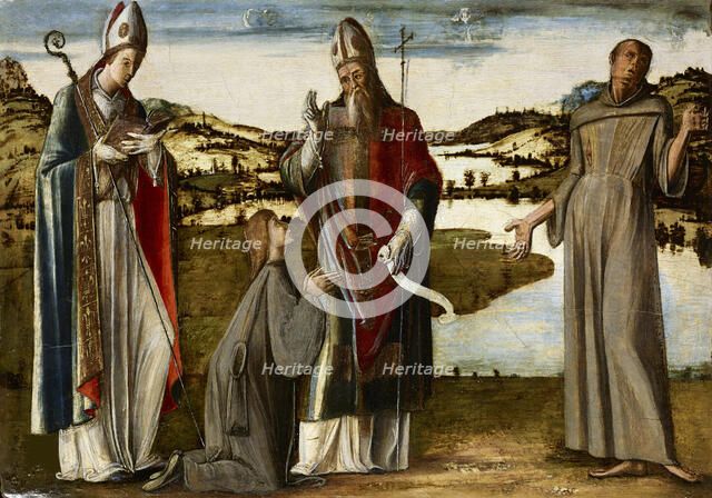 Holy Bishop (Andrew?) adorated by Saints Louis of Toulouse and Francis of Assisi, c1470-1475. Creator: Vivarini, Alvise (ca. 1446-ca. 1505).