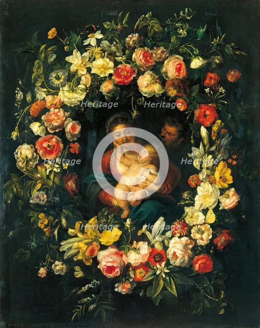 Holy Family in a Wreath of Flowers, 1636. Creators: Erasmus Quellinus, Frans Ijkens.