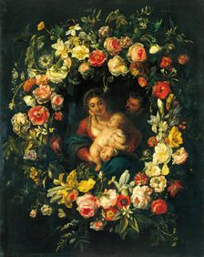 Holy Family in a Wreath of Flowers, 1636. Creators: Erasmus Quellinus, Frans Ijkens