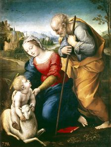 Holy Family of the lamb 1507, Oil on table by Raphael